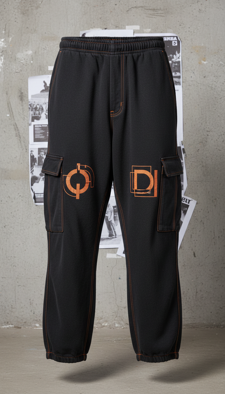 Faded Black Fleece Cargo Pants With Orange Stitch