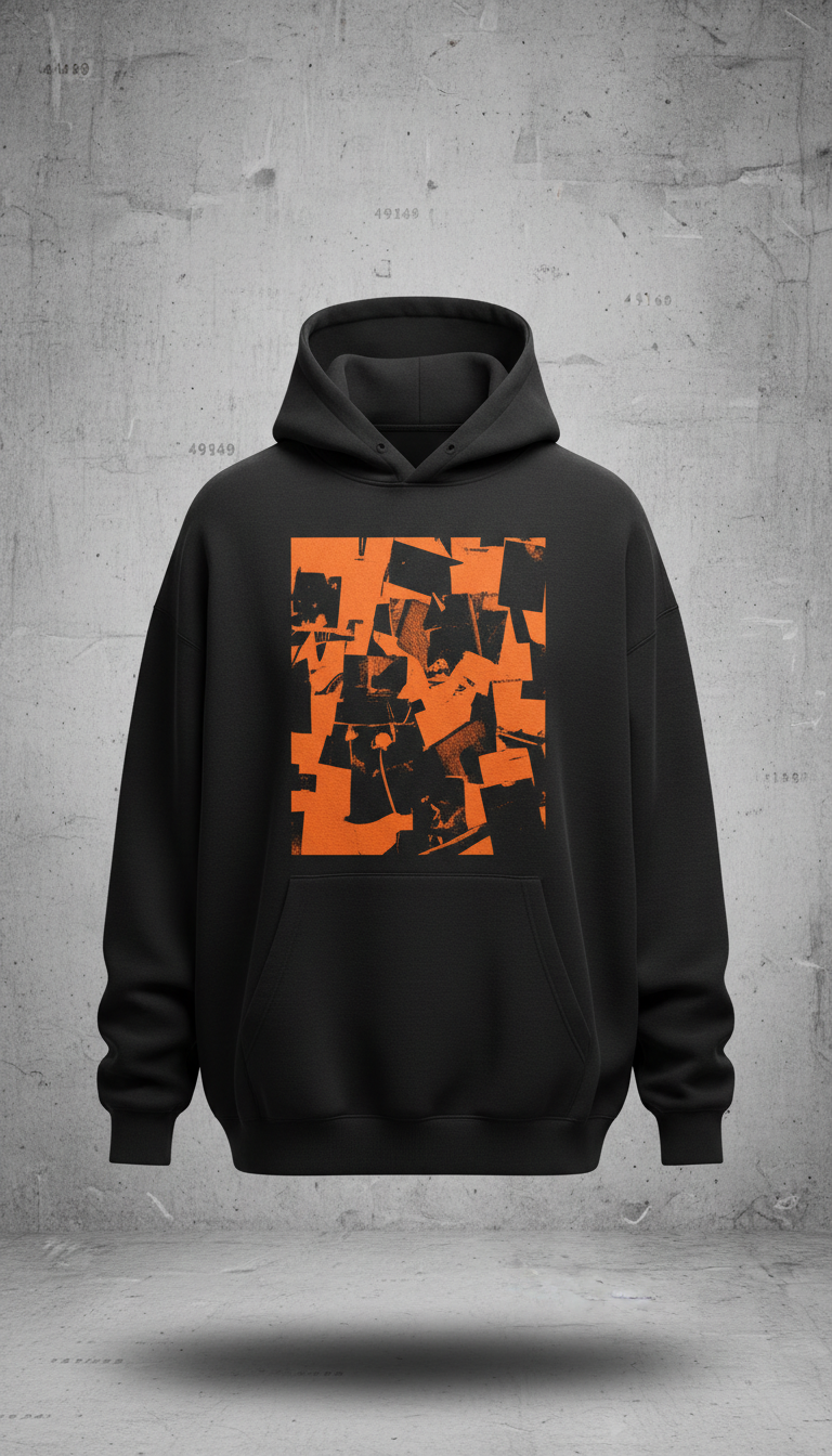 Oversized Black Hoodie With Orange Collage